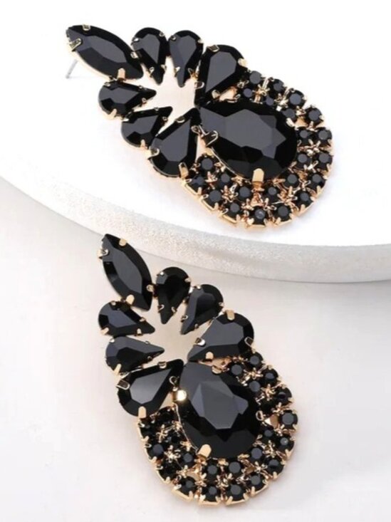 2/$24 Elegant Black Crystal Gold Statement Drop Earrings - Picture 1 of 7